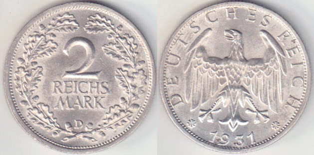 1931 D Germany silver 2 Mark (aUnc) A004630